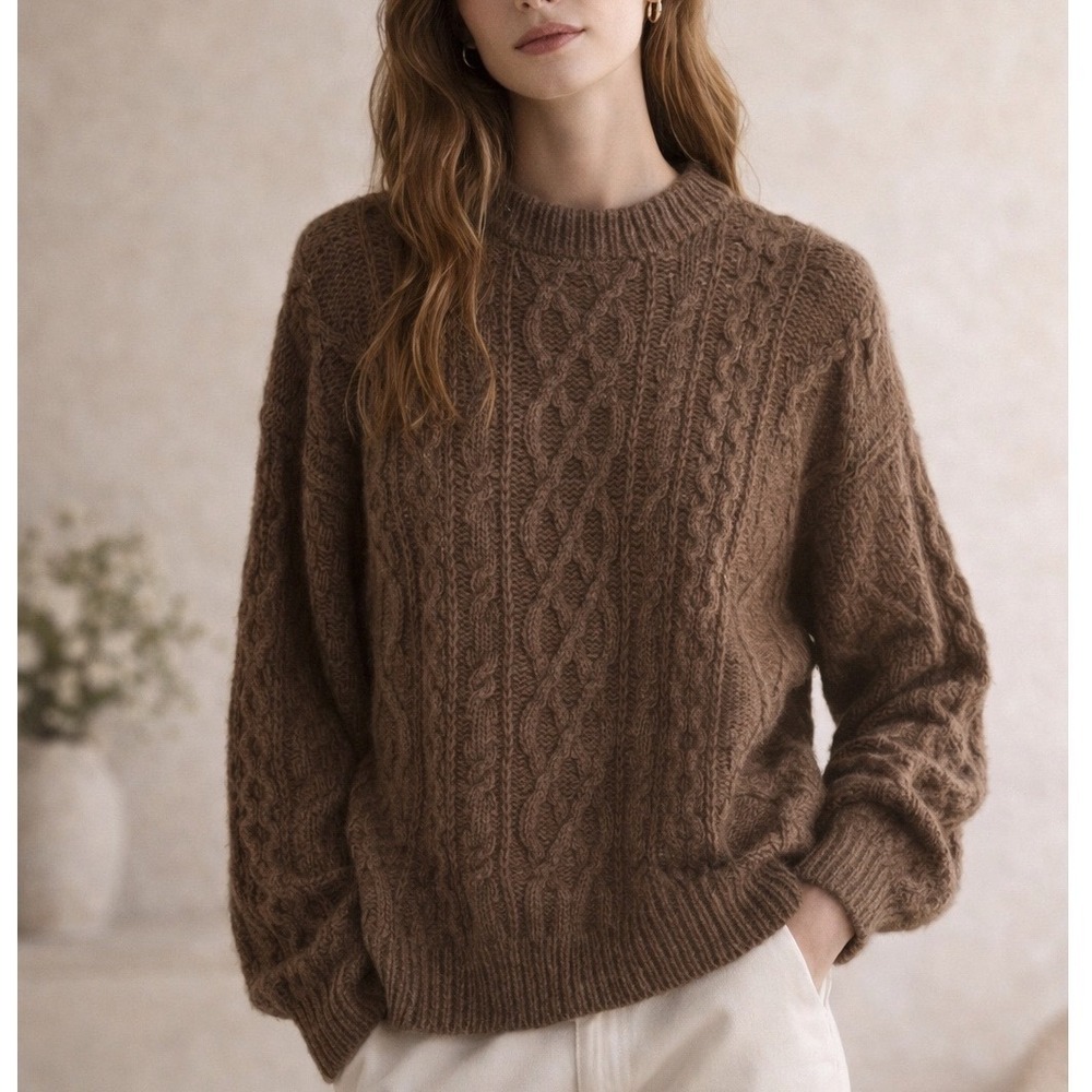 Northwest Territory Brown Cable Knit Sweater Ramie Wool Blend Crew Neck Large